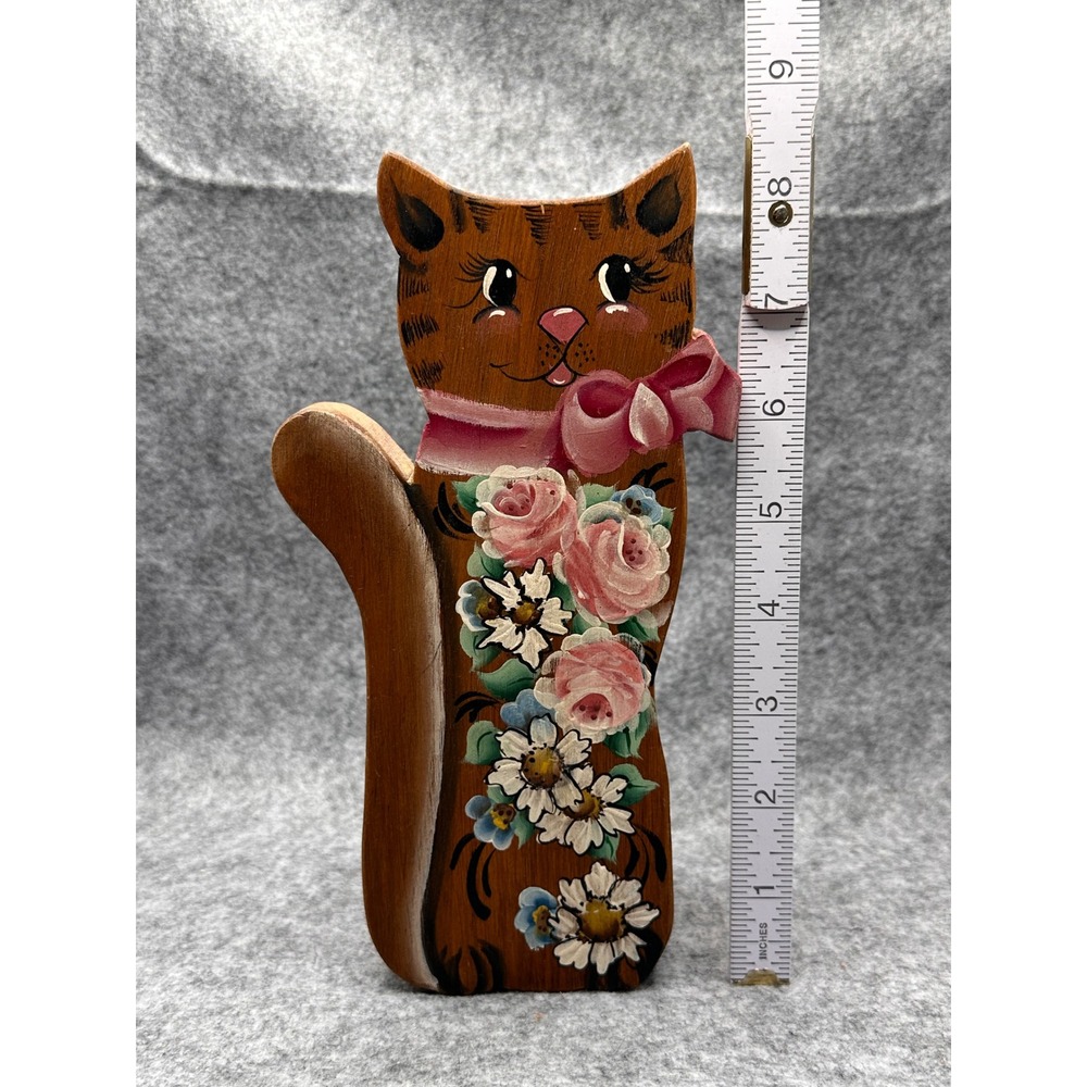 Vintage Hand Painted Wooden Cat Wall Pocket Letter Holder Floral Folk Art Brown - Picture 6 of 6